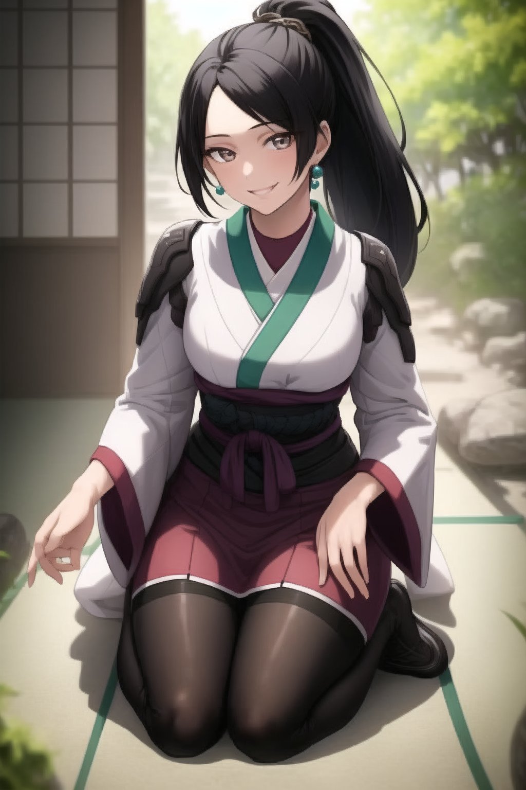 beautiful, masterpiece, best quality, extremely detailed face, masterpiece, 1girl, solo female, looking at viewer, descensored, 1woman, best quality, ultra-detailed, long hair, wole body, full body, black hair, black ayes, ponytail, long hair, smile,sagevalorant, tunica, japanese_clothes,