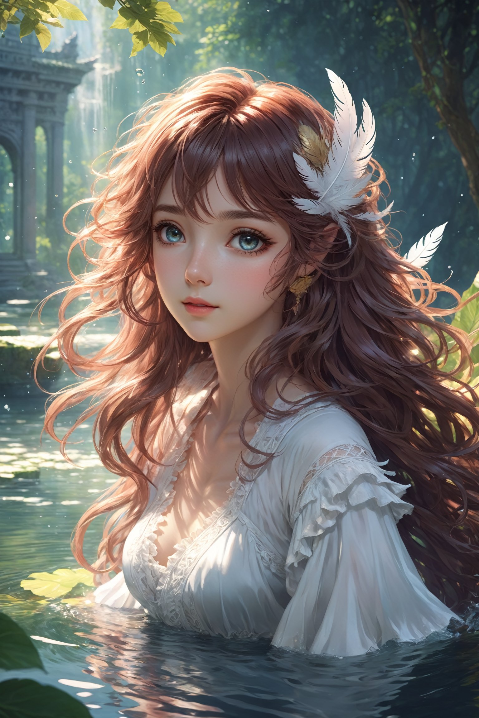 (extremely detailed CG unity 8k wallpaper),(((masterpiece))), (((best quality))), ((ultra-detailed)), (best illustration),(best shadow), ((an extremely delicate and beautiful)),dynamic angle,floating, solo,((1girl)),{long wavy curly hair},expressionless,((white idol dress)), anglesailor dress,(detailed wet clothes),silk shawl,bikini,underboob, frills,cute anime face,blush,(beautiful detailed eyes), (detailed light),feather, nature, (sunlight), river, (forest),(((floating palace))),beautiful and delicate water,(painting),(sketch),(bloom),(shine),