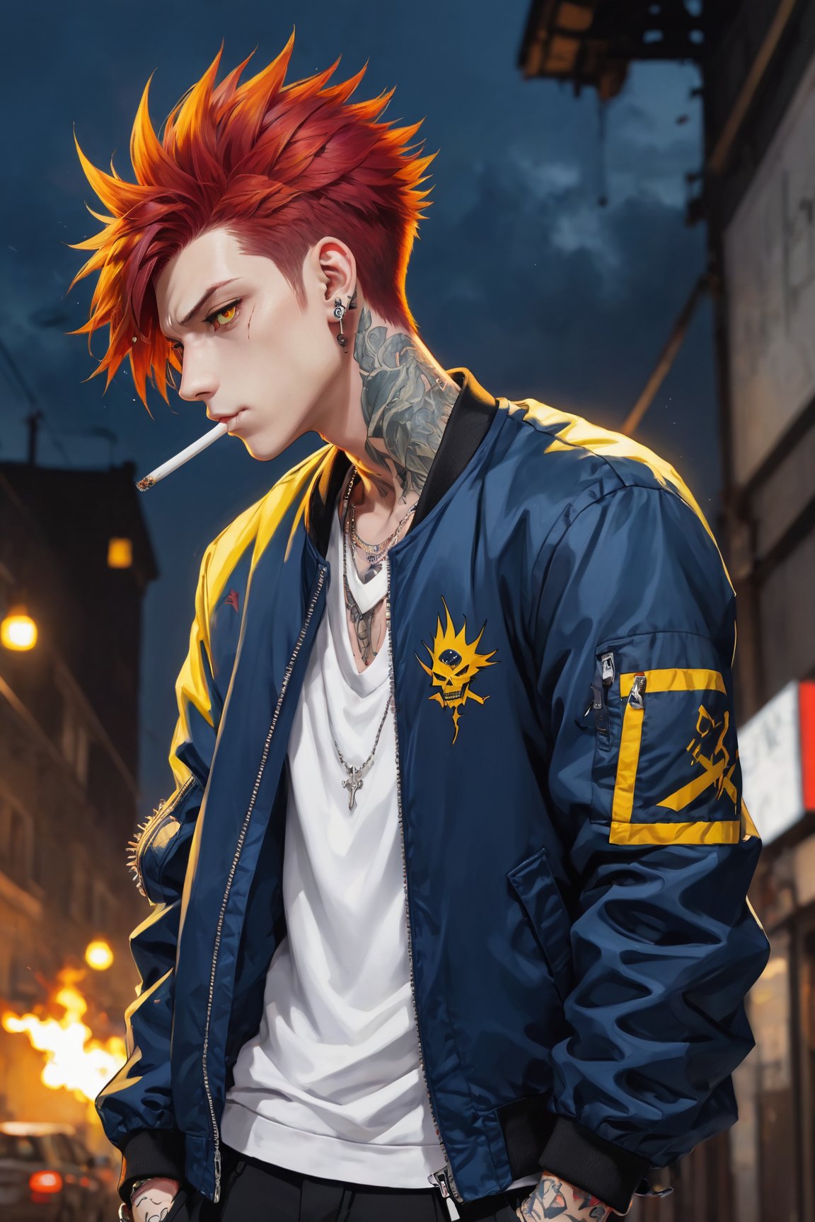 Best quality, masterpiece, 1boy, red hair, short hair, yellow eyes, spiky hair, tattoos, black pants, upper body, ear piercings, blue and white bomber jacket, profile picture, smoking