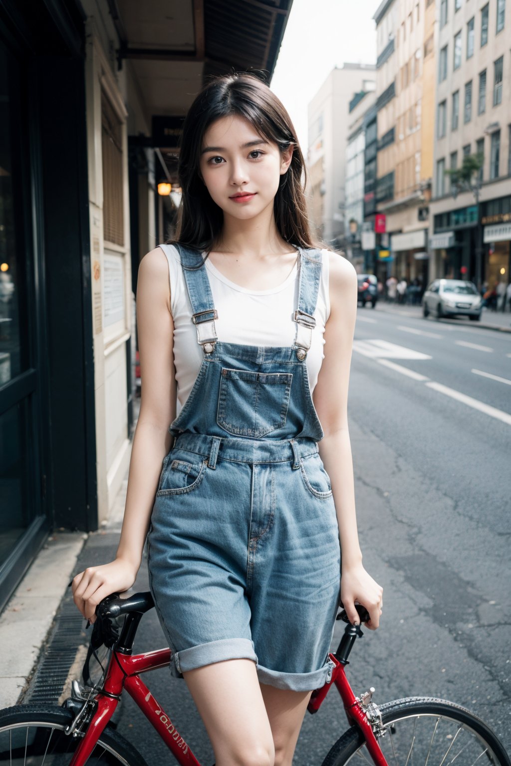  The image is a well-composed and well-lit photograph, showcasing excellent use of light and color. The casual and relaxed atmosphere is evident in the subject's outfit and body language. The image is of high quality, with a clear and crisp resolution. The subject exudes confidence and poise, with her perfect posture and elegant facial features. The bicycle adds an element of fun and playfulness to the scene. Overall, the image is a beautiful and well-crafted photograph that showcases the photographer's skill and talent.