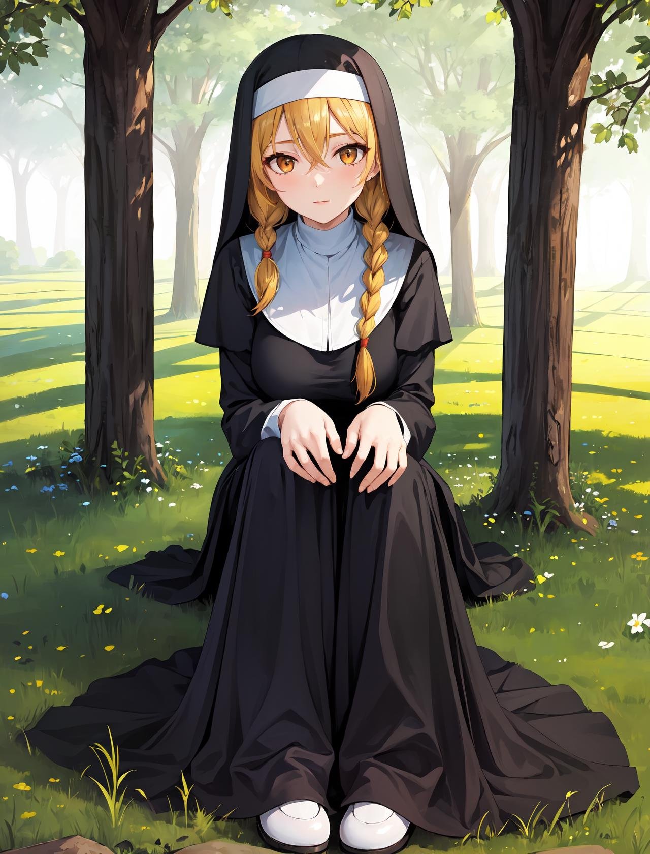 masterpiece, best quality, outdoors, field, grass, forest,1girl, solo, looking at viewer, sitting, breasts, blonde hair, orange eyes, twin braids, large breasts, long sleeves, hair between eyes, eyes visible through hair, nun, habit, nun, habit, dress, black dress, long dress, catholic, hands on own knees,  <lora:Concept_Nun:1>, 