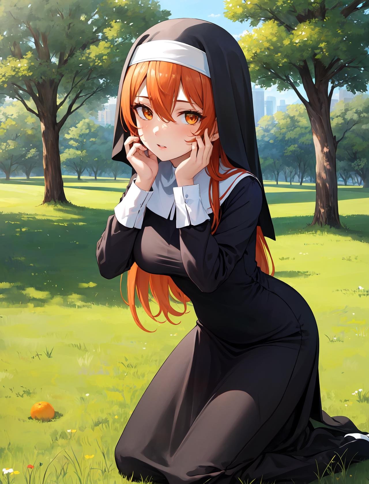 masterpiece, best quality, outdoors, field, grass, forest,1girl, solo, looking at viewer, kneeling, on kness, breasts, orange hair, orange eyes, very long hair, wavy hair, large breasts, long sleeves, hair between eyes, eyes visible through hair, nun, habit, nun, habit, dress, black dress, long dress, catholic, hands on own face, <lora:Concept_Nun:1>,