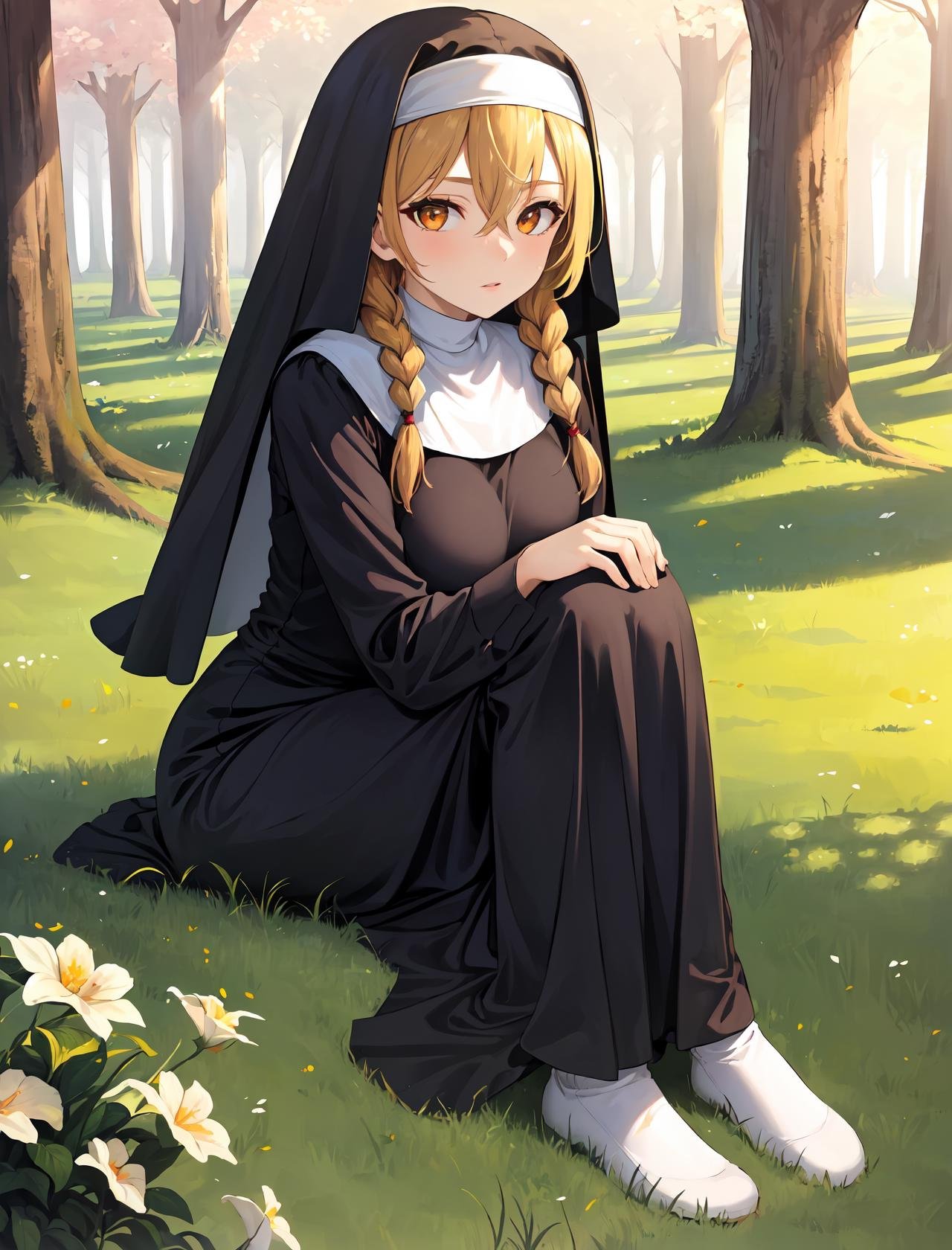 masterpiece, best quality, outdoors, field, grass, forest,1girl, solo, looking at viewer, sitting, breasts, blonde hair, orange eyes, twin braids, large breasts, long sleeves, hair between eyes, eyes visible through hair, nun, habit, nun, habit, dress, black dress, long dress, catholic, hands on own knees,<lora:Concept_Nun:1>,