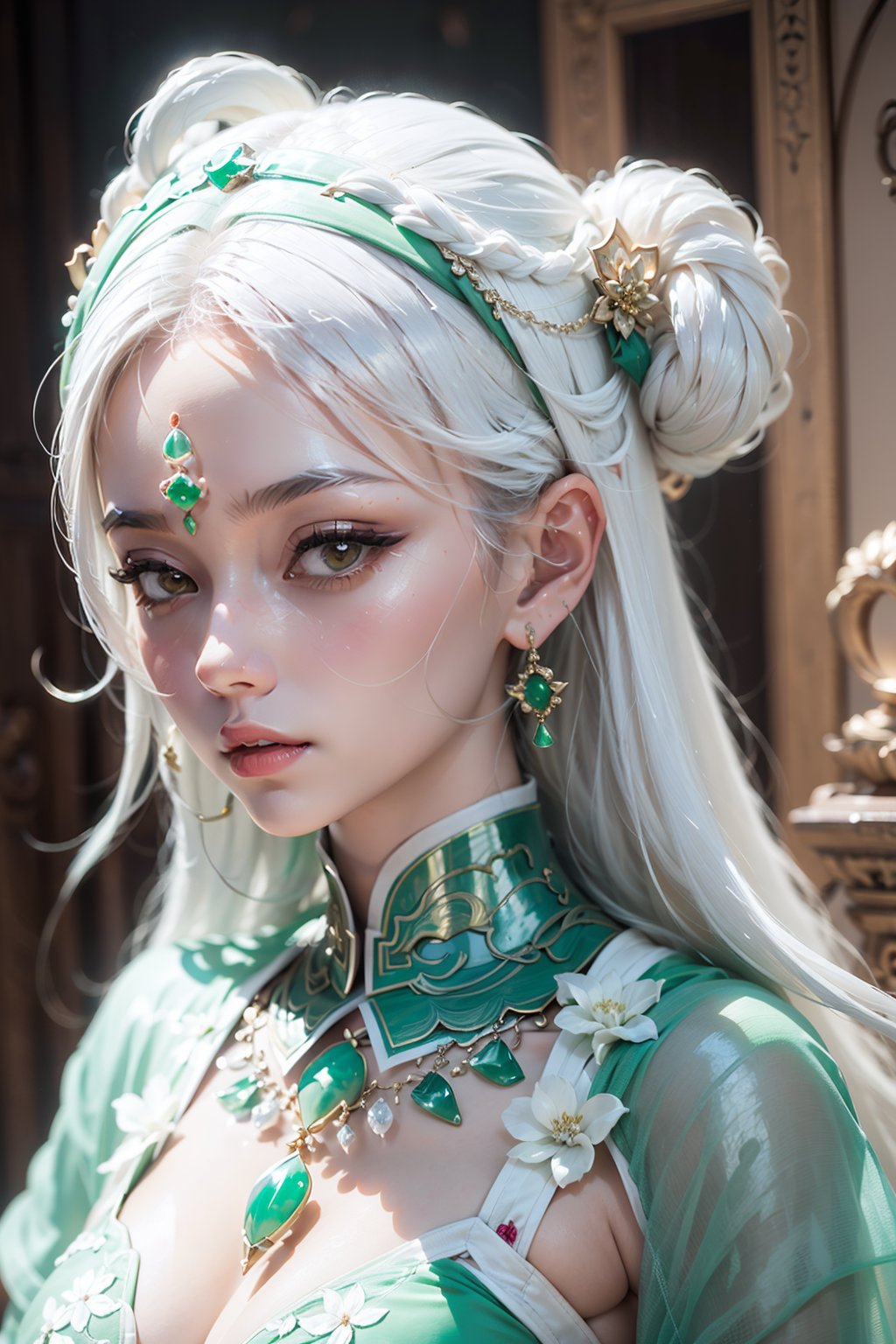 Jade Girl, 1 girl, breasts, half jade, half human, jade carved body, shut up, earrings, eyelashes, gemstones, close-up, jade carved clothes, indoor, detailed portrayal, oversized breasts, (white hair:1.3), hair accessories, jewelry, lips, long hair, looking at the audience, necklace, solo, upper body, multi-dimensional diffraction paper, Jade Girl