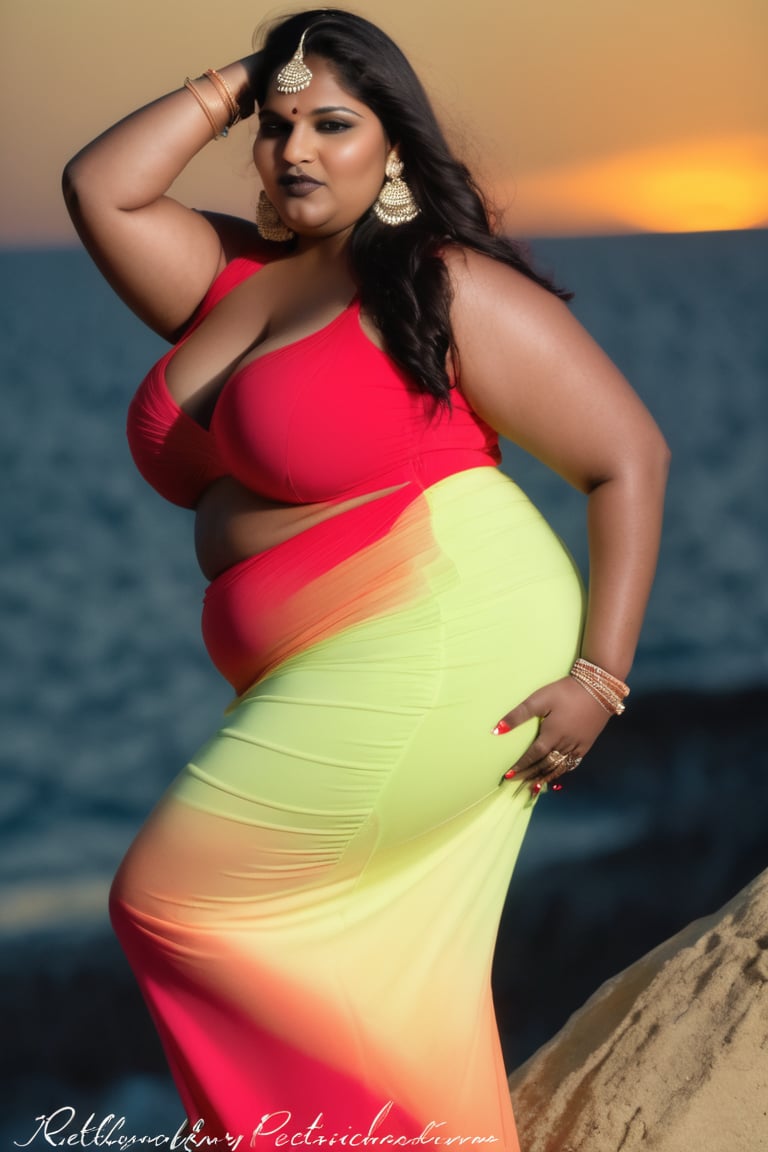 beautiful indian bbw, wearing bra, maxi_skirt, petticoat, beach, sunset at sea