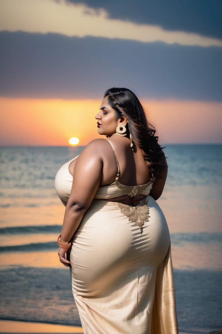 beautiful indian bbw, back view, wearing blouse, long petticoat, gold necklace, beach, sunset at sea