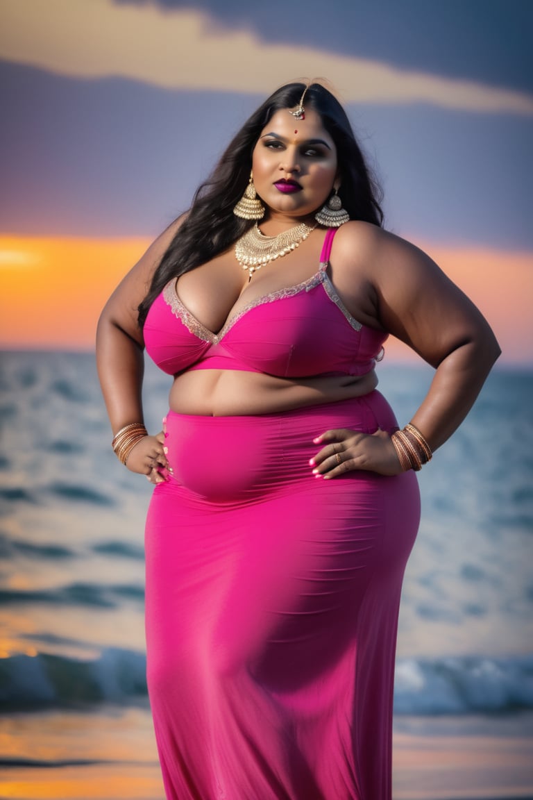 beautiful indian bbw, wearing bra, maxi_skirt, petticoat, beach, sunset at sea