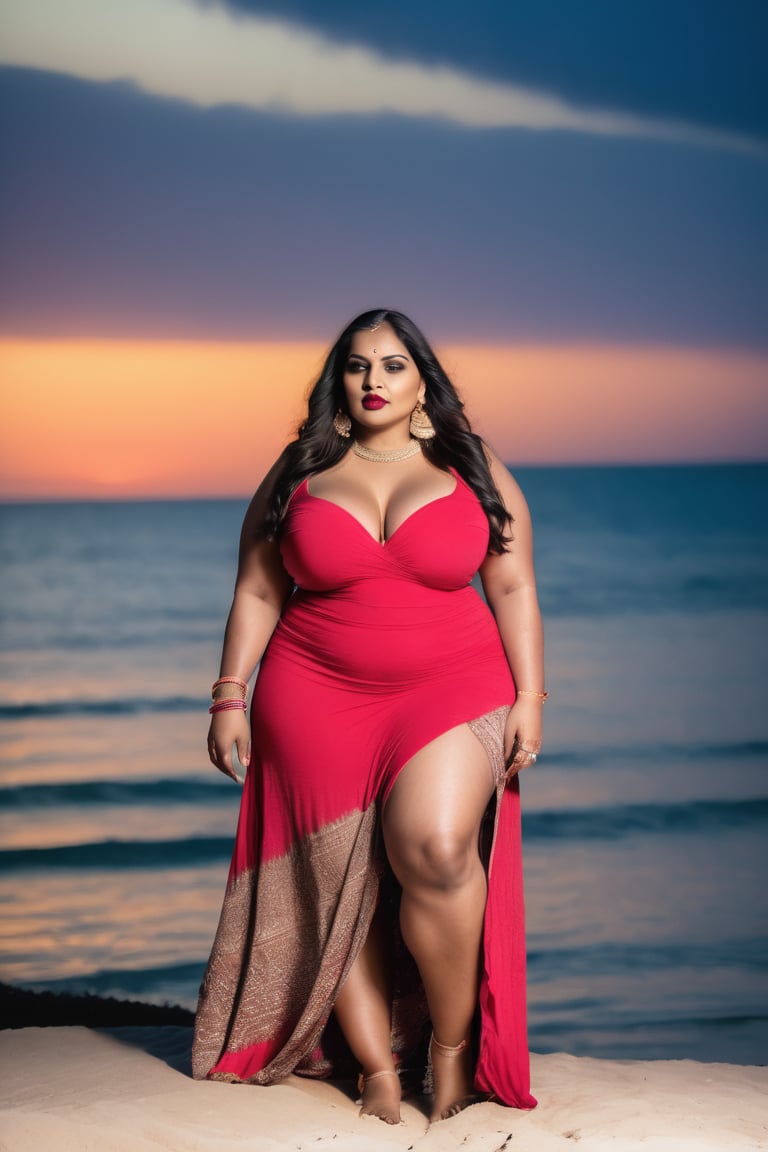 beautiful indian bbw, full body view, wearing bra, slit  long maxi_skirt, long legs, beach, sunset at blue ocean