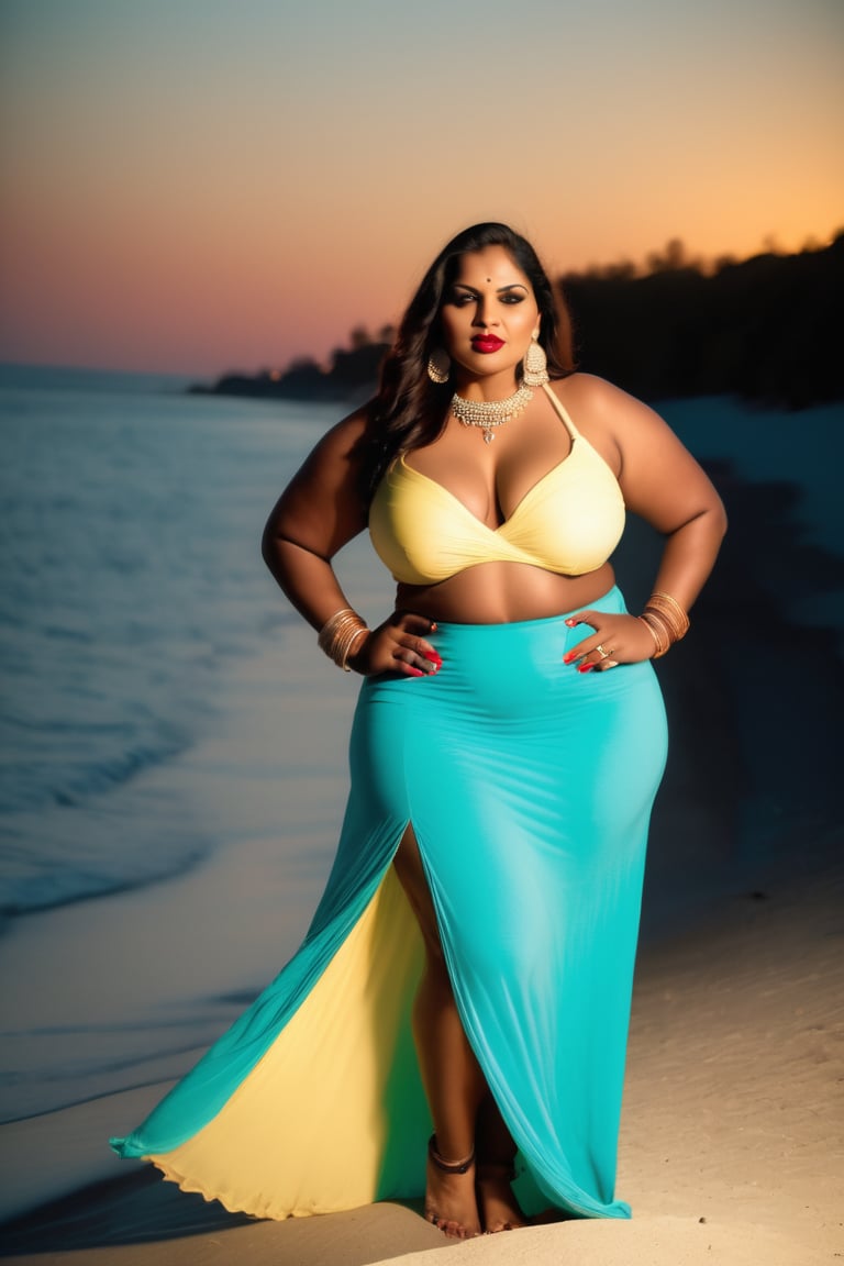 beautiful indian bbw, full body view, wearing bra, slit  long maxi_skirt, long legs, beach, sunset at blue ocean