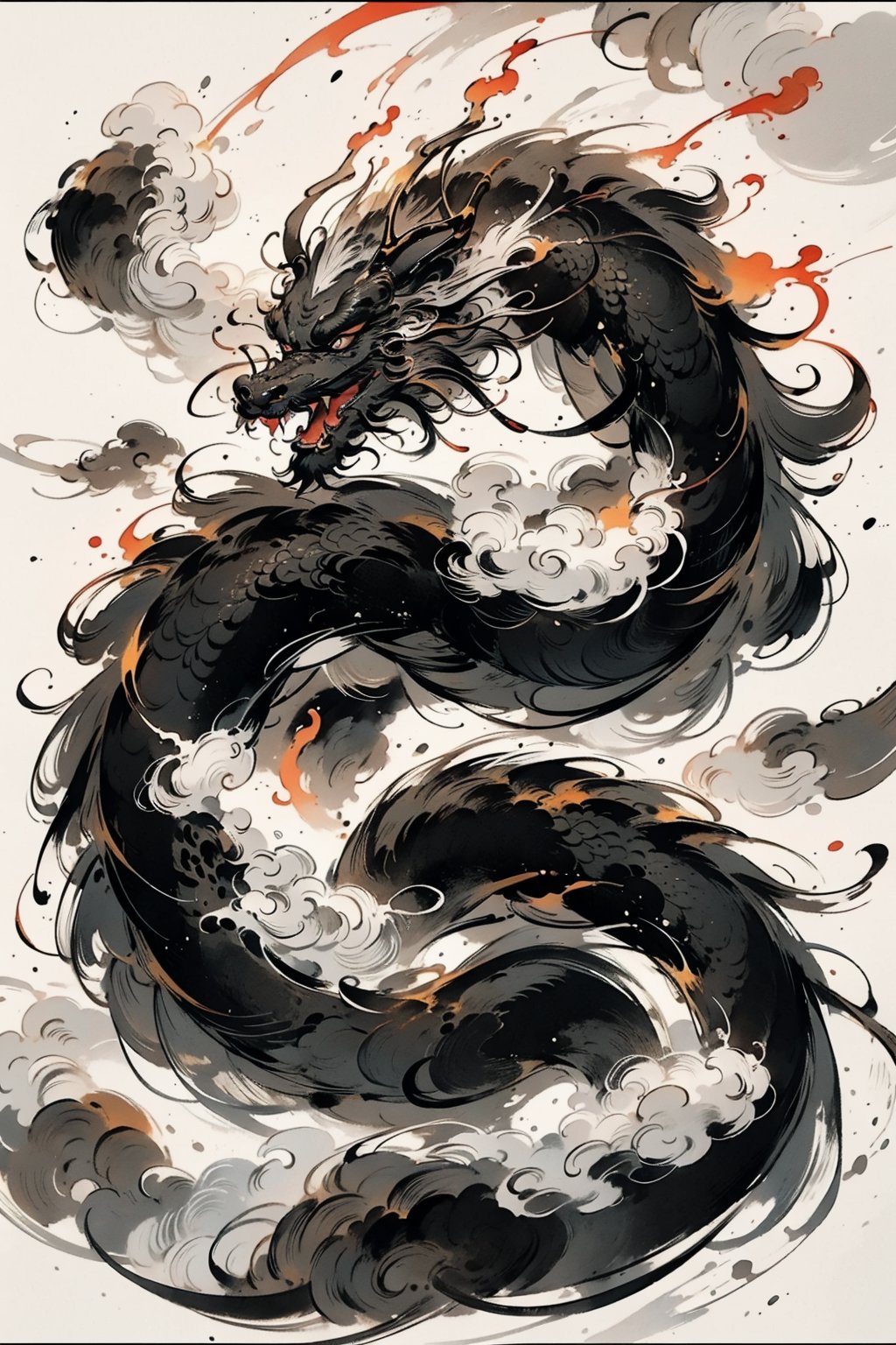  Chinese dragon, imagination, traditional Chinese painting, ancient painting, ink and wash style, cloud around, fire cloud, light black dragon, black gold color matching, fangs, mouth opening, fierceness, cloud around and flame.Pure white background