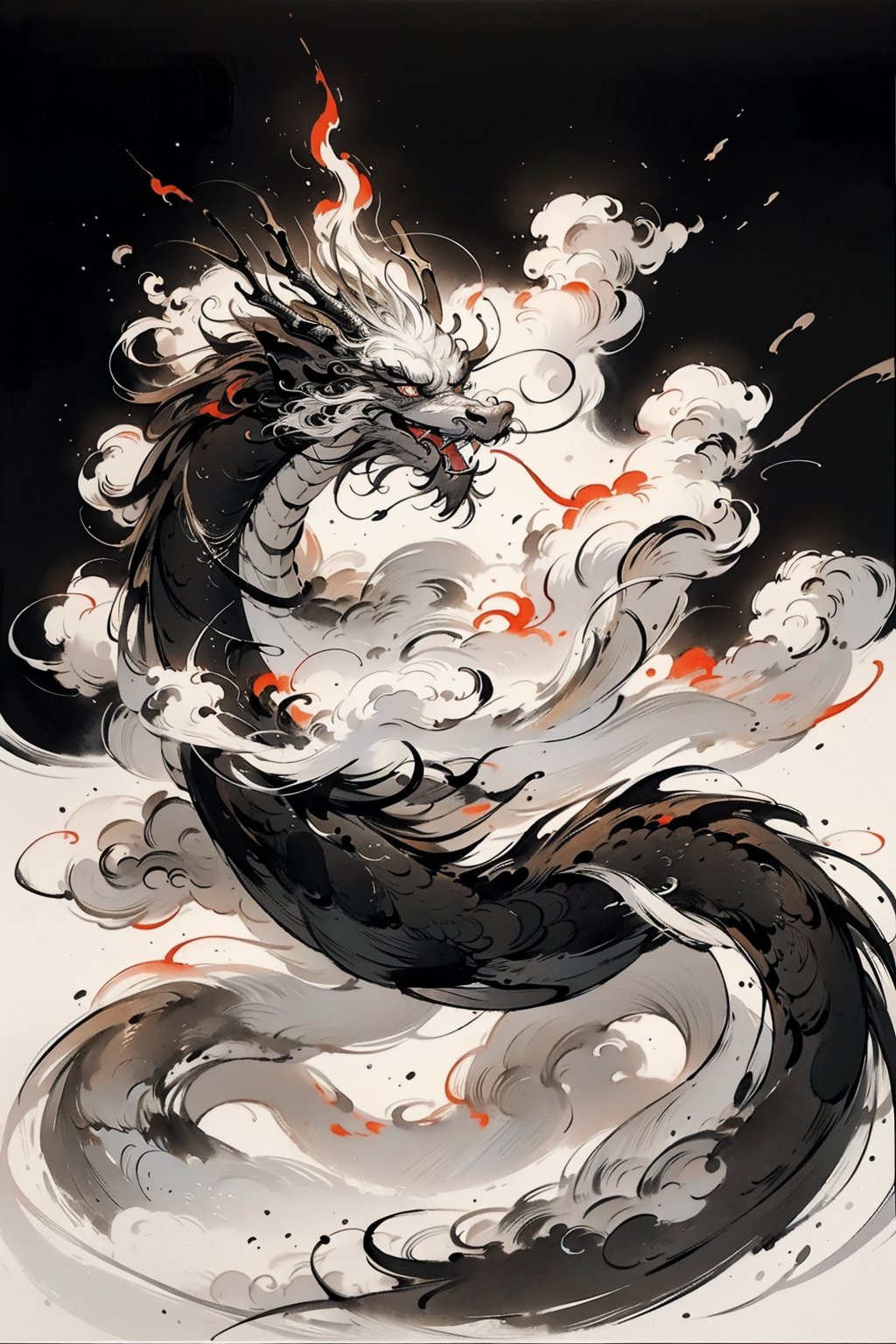  Chinese dragon, imagination, traditional Chinese painting, ancient painting, ink and wash style, cloud around, fire cloud, light black dragon, black gold color matching, fangs, mouth opening, fierceness, cloud around and flame.Pure white background