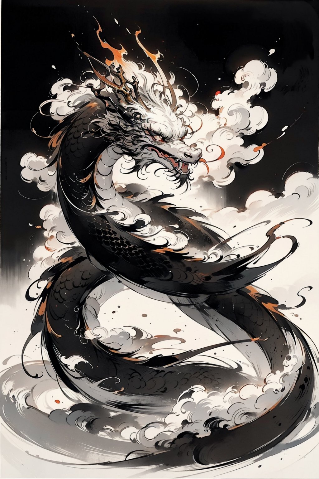  Chinese dragon, imagination, traditional Chinese painting, ancient painting, ink and wash style, cloud around, fire cloud, light black dragon, black gold color matching, fangs, mouth opening, fierceness, cloud around and flame.Pure white background