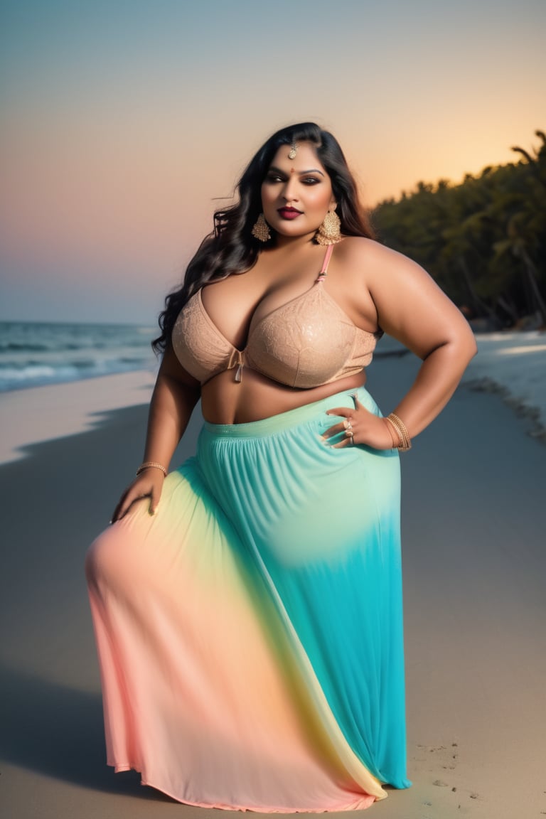 beautiful cute indian bbw, full body view, wearing bra, petticoat, beach, sunset at blue ocean