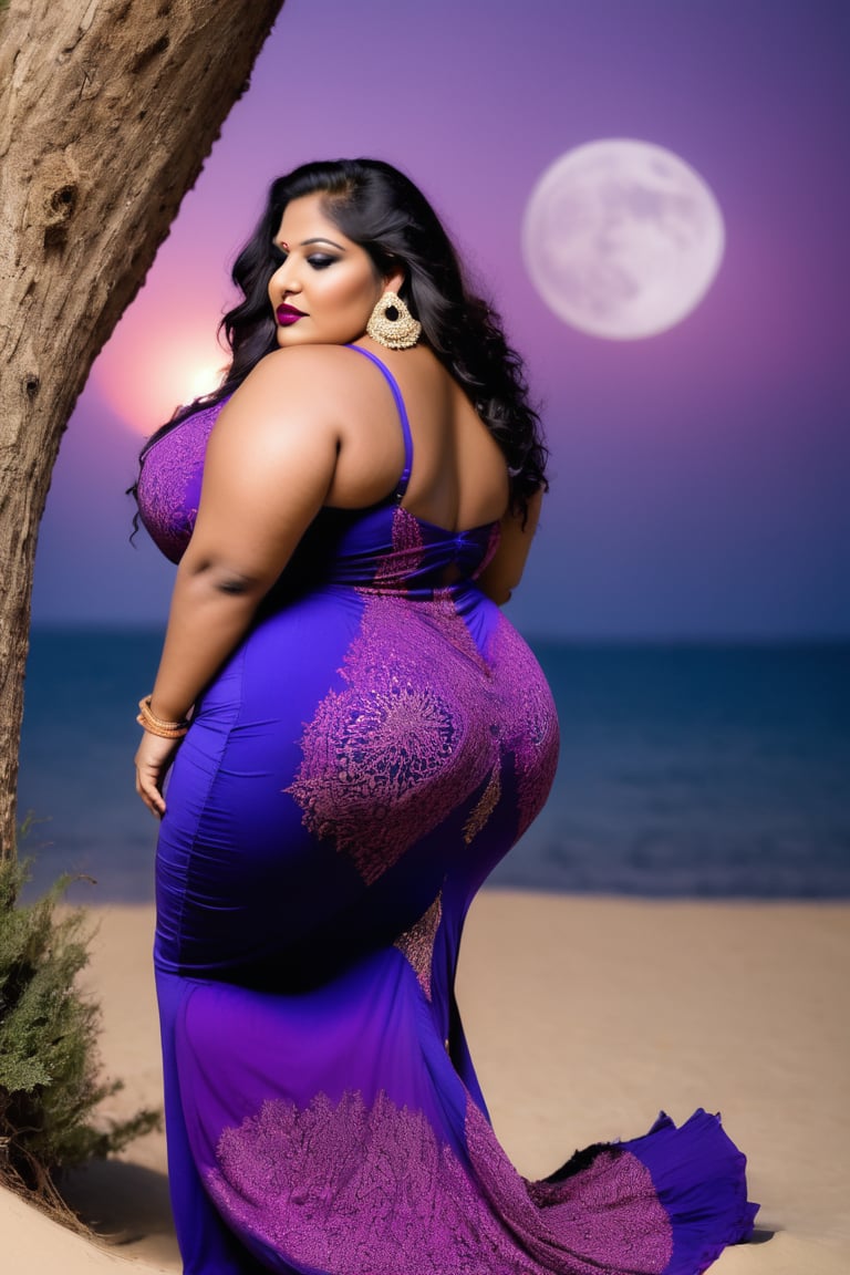 beautiful indian bbw, bombshell beauty, slit maxi dress, back view, flowery moonlight