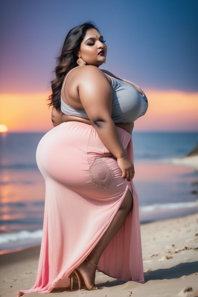 beautiful indian bbw, full body view, wearing bra, slit  long maxi_skirt, long legs, beach, sunset at blue ocean