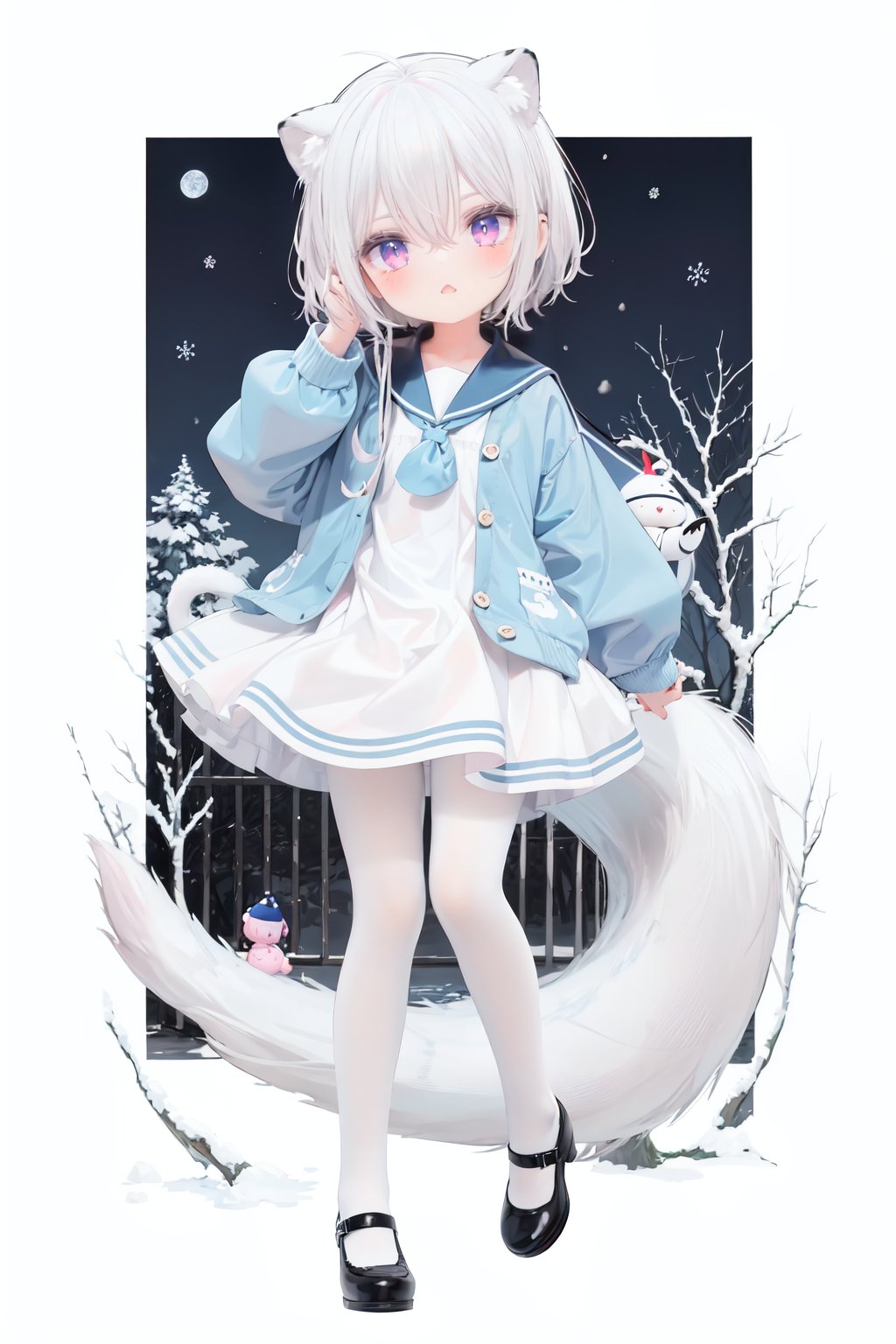  cute,Infant,solo blue shirt,blue sailor coat,loli,full body,white hair,snow leopard ear,white background,pink eyes,laugh,happy,white pantihose,white pantyhose,red armband,