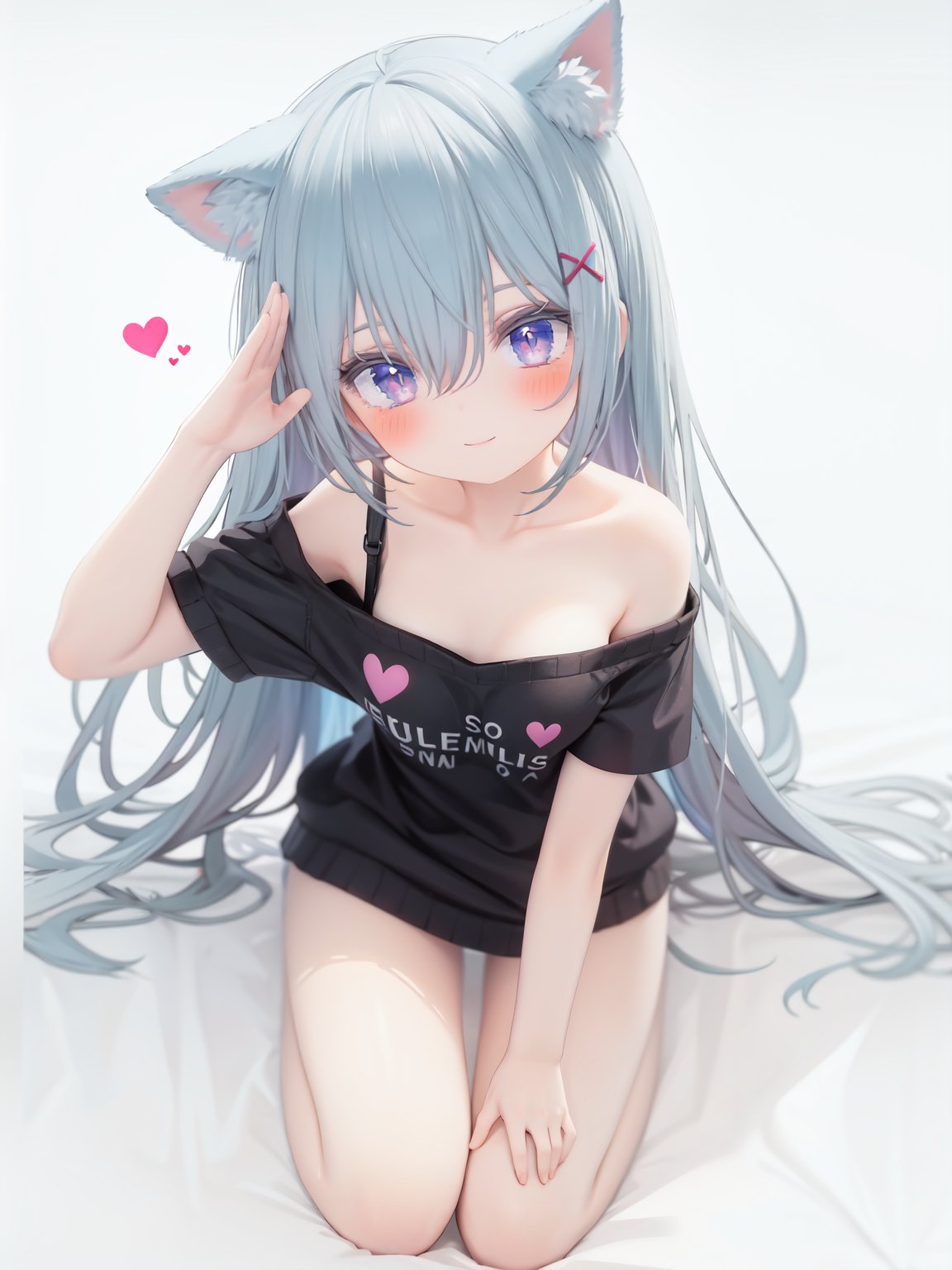  petite, loli, solo, animal ears, heart, puffy short sleeves, blue hair, long hair, off shoulder, bangs, hair ornament, gradient background,rainbow gradient, x hair ornament, animal ear fluff, looking at viewer, very long hair, blush, smile, cat ears, bare shoulders, collarbone, hand up, gradient sweater, hair between eyes, symbol-shaped pupils, arm up, heart-shaped pupils, hairclip, medium breasts, salute, bare legs,full body