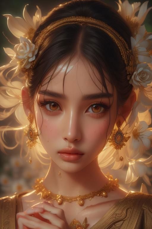 realistic,dramatic light ,young girl thai dress,holding jasmine flowers ,Exquisite Face, (Highly detailed face 1.2), highly detailed skin, skin pores, subsurface scattering, realistic pupils, high detail face, (highly detail eyes:1.2), full face blush, full lips, 