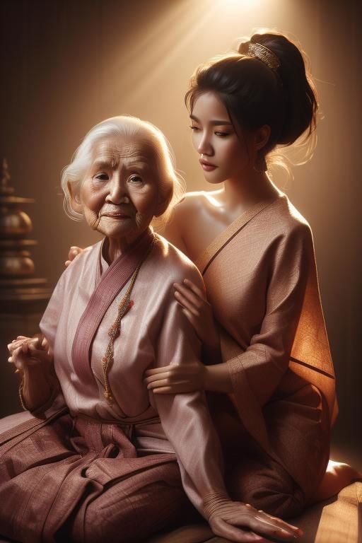 realistic,dramatic light ,Granddaughter in Thai clothes massaging grandma