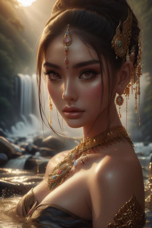 realistic,dramatic light ,girl thai dress,look at view,waterfall,Exquisite Face, (Highly detailed face 1.2),