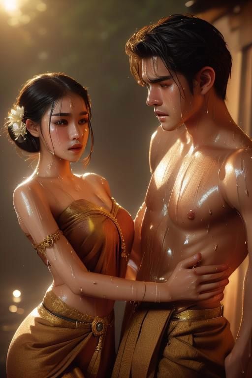 realistic,dramatic light ,girl thai dress,romantic love scene,Oily skin, sweat,