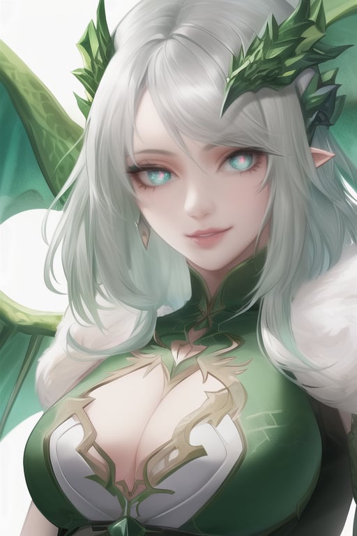 ((best quality)),((masterpiece)),((ultra-detailed)),(illustration),(detailed light),(an extremely delicate and beautiful),a girl,solo,(beautiful detailed eyes),green dragon eyes,(((Vertical pupil))),two-tone hair:green and silver,shiny hair,colored inner hair,(green Dragonwings),blue_hair ornament,ice adorns hair,[dragon horn],depth of field,half body