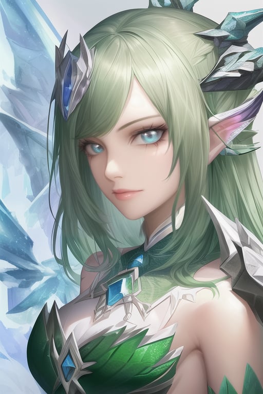 ((best quality)),((masterpiece)),((ultra-detailed)),(illustration),(detailed light),(an extremely delicate and beautiful),a girl,solo,(beautiful detailed eyes),green dragon eyes,(((Vertical pupil))),two-tone hair:green and silver,shiny hair,colored inner hair,(green Dragonwings),blue_hair ornament,ice adorns hair,[dragon horn],depth of field,half body