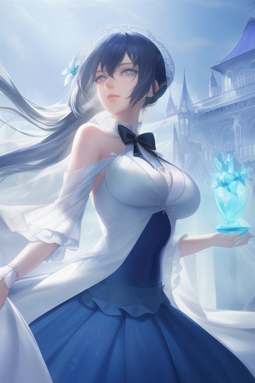 (((masterpiece))),best quality,illustration,(beautiful detailed girl),beautiful detailed glow,detailed ice,beautiful detailed water,(beautiful detailed eyes),expressionless,(floating palaces),azure hair,disheveled hair,long bangs,hairs between eyes,(skyblue dress),black ribbon,white bowties,midriff,{{{half closed eyes}}},big forhead,blank stare,flower,large top sleeves,dynamic lighting,octane render,unreal engine