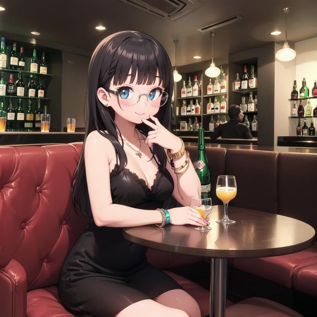 best quality, ultra-detailed, illustration, glasses,cabaret, scenery, bar (place), indoors, chair, table, light,1girl, solo, glasses, jewelry, long hair, necklace, smile, black hair, looking at viewer, black dress, sleeveless dress, bracelet, sitting, drinking glass, alcohol,  <lora:cabaret_SD15_V1:1>