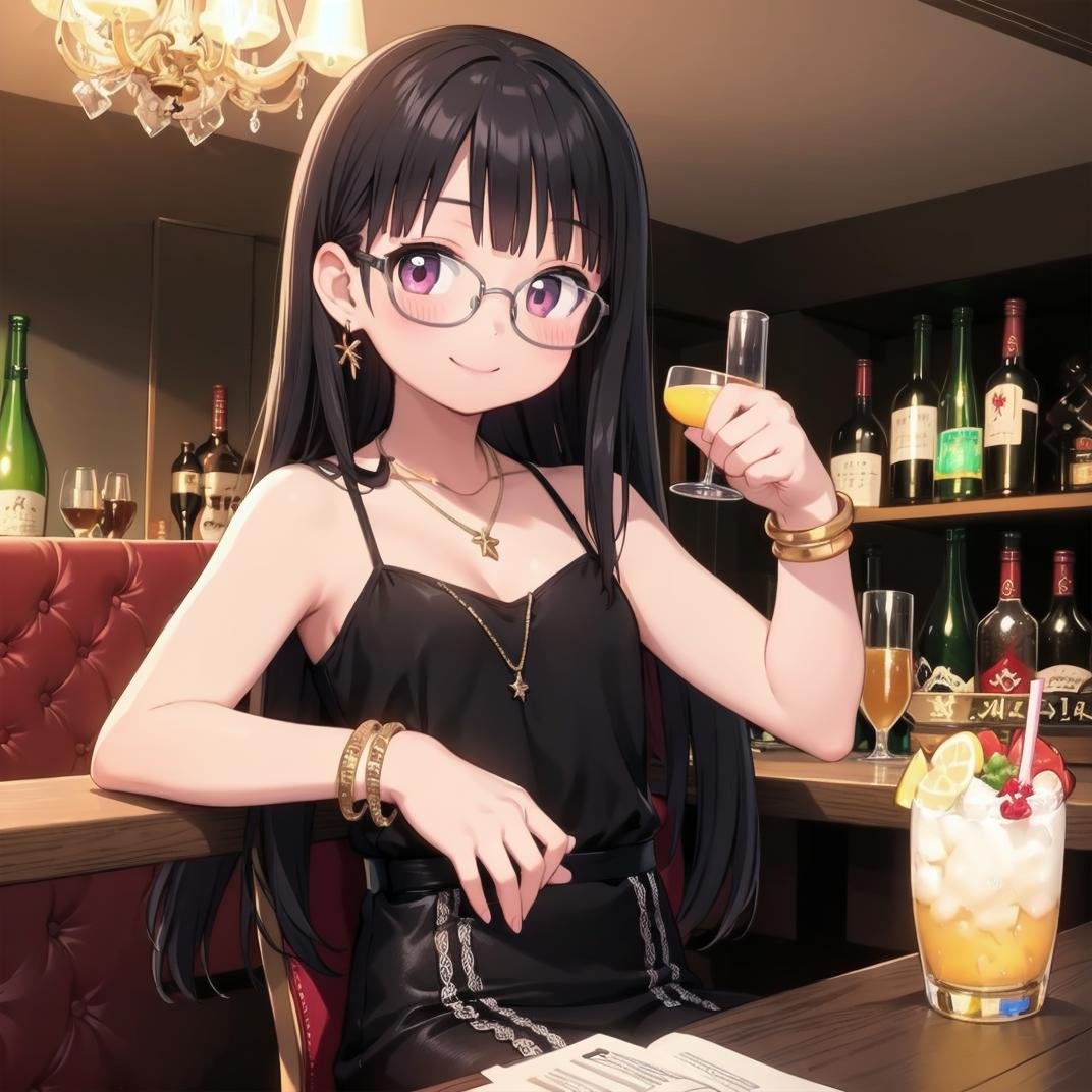 best quality, ultra-detailed, illustration, glasses,cabaret, scenery, bar (place), indoors, chair, table, light,1girl, solo, glasses, jewelry, long hair, necklace, smile, black hair, looking at viewer, black dress, sleeveless dress, bracelet, sitting, drinking glass, alcohol,  <lora:cabaret_SD15_V1:1>