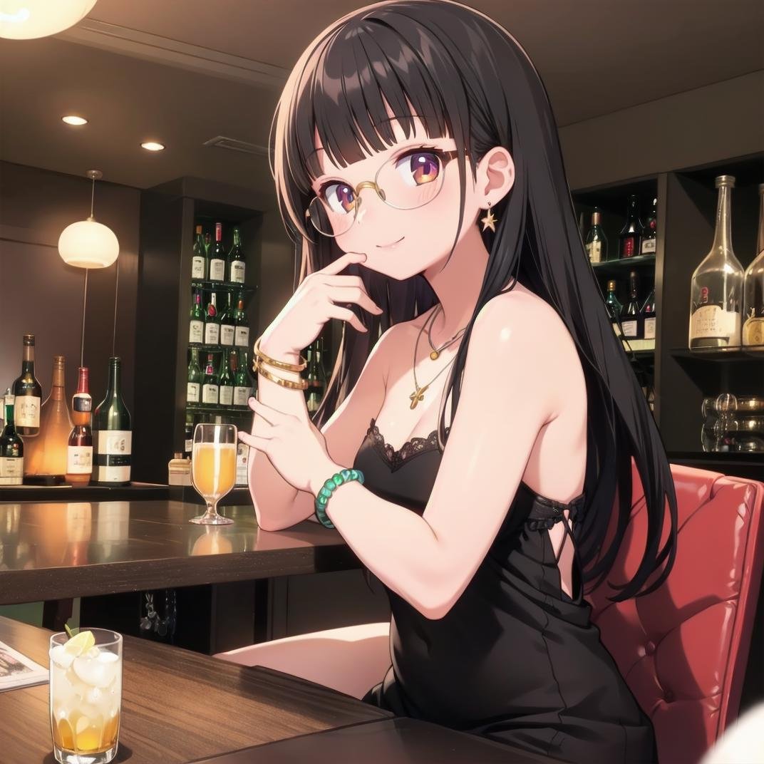 best quality, ultra-detailed, illustration, glasses,cabaret, scenery, bar (place), indoors, chair, table, light,1girl, solo, glasses, jewelry, long hair, necklace, smile, black hair, looking at viewer, black dress, sleeveless dress, bracelet, sitting, drinking glass, alcohol,  <lora:cabaret_SD15_V1:1>