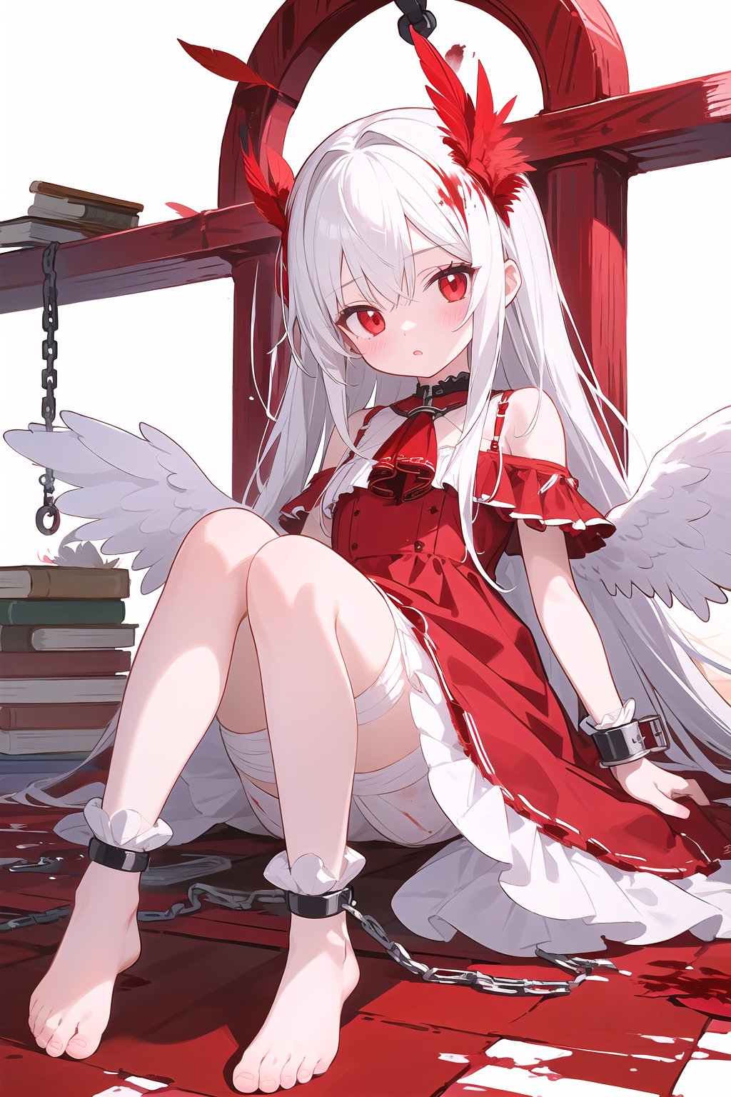 1girl,loli,solo,blood,long hair,chain,red eyes,blood on hands,barefoot,blood on face,blood from eyes,dress,cuffs,feathers,frills,looking at viewer,very long hair,white wings,bandages,shackles,bangs,(white background:1.2),character design,cozy animation scenes,stack books,