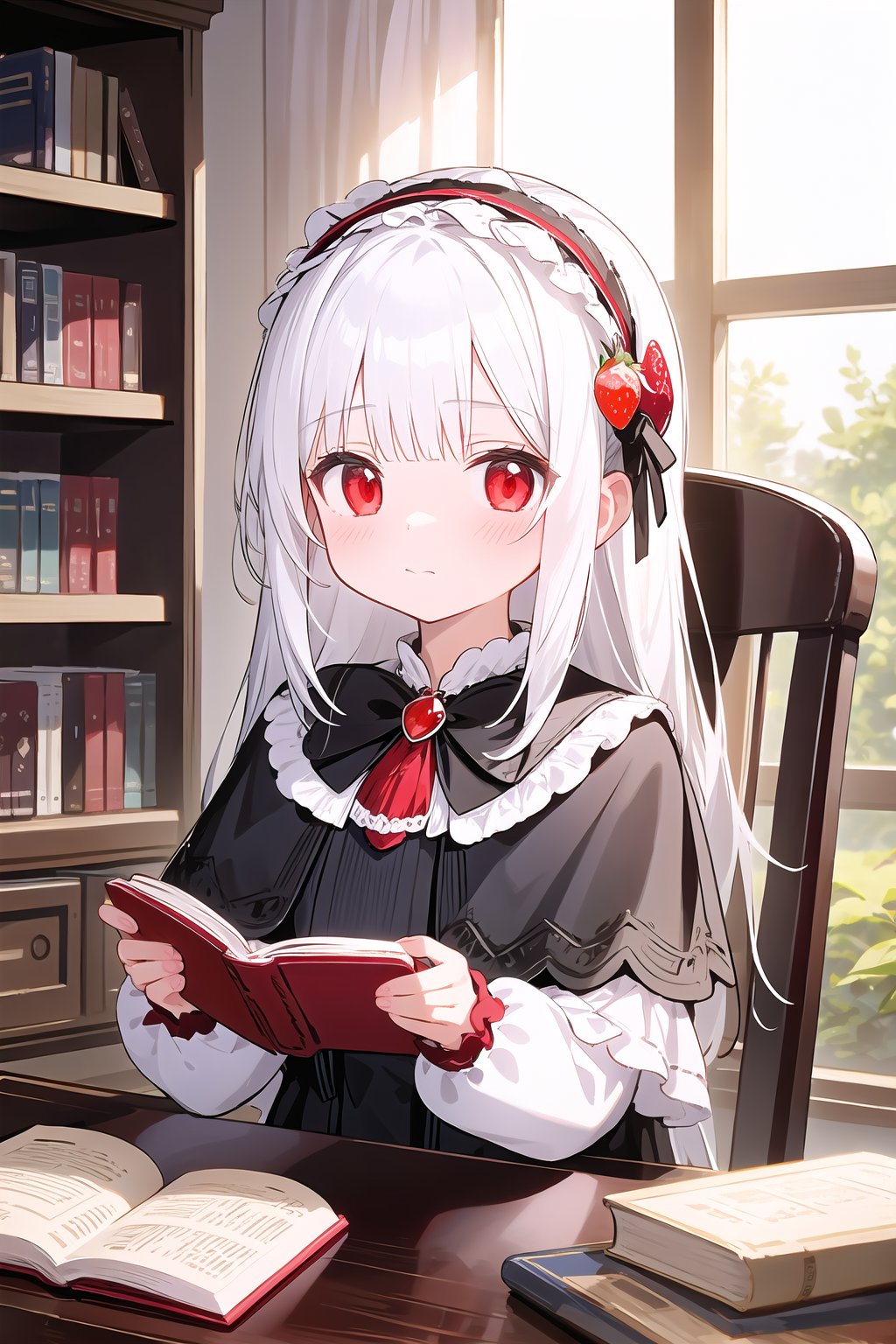 1girl,book,red eyes,open book,sitting,indoors,hairband,reading,frills,window,bow,parfait,black capelet,holding,bangs,food,capelet,hair bow,jewelry,table,chair,brooch,black bow,strawberry,holding book,lolita fashion,closed mouth,long sleeves,fruit,upper body,hair ornament,frilled hairband,solo,loli,petite,white hair,straight_hair,long hair,full_shot,landscape,full_shot,landscape,