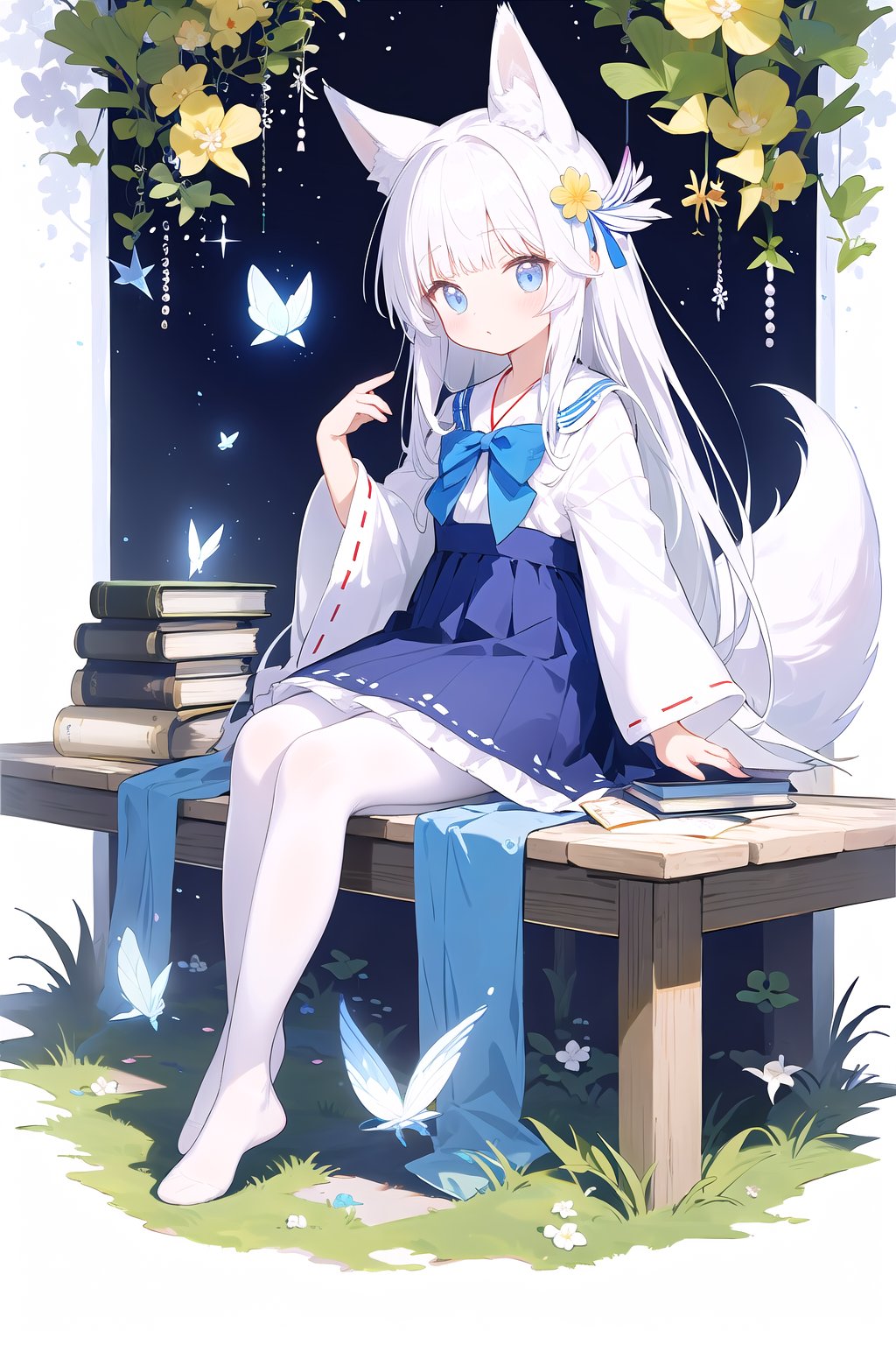 (((houraisan kaguya))),blue butterfly,butterfly,butterfly hair ornament,glowing butterfly,origami,paper crane,1girl,long_hair,book,white hair,skirt,paper airplane,solo,book stack,very long hair,black skirt,ginkgo leaf,blue bow,shoes,pleated_skirt,flying,catgirl,cat ears,white tail,fox tail,white pantyhose,{{{lower body}}},white pantyhose,no shoes,loli,petite,