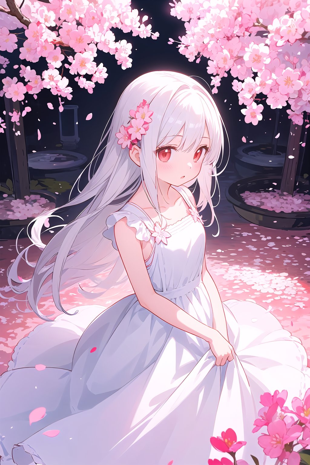 The image features a beautiful anime girl dressed in a flowing white and red dress,standing amidst a flurry of red cherry blossoms. The contrast between her white dress and the red flowers creates a striking visual effect. The lighting in the image is well-balanced,casting a warm glow on the girl and the surrounding flowers. The colors are vibrant and vivid,with the red cherry blossoms standing out against the white sky. The overall style of the image is dreamy and romantic,perfect for a piece of anime artwork. The quality of the image is excellent,with clear details and sharp focus. The girl's dress and the flowers are well-defined,and the background is evenly lit,without any harsh shadows or glare. From a technical standpoint,the image is well-composed,with the girl standing in the center of the frame,surrounded by the blossoms. The use of negative space in the background helps to draw the viewer's attention to the girl and the flowers. The cherry blossoms,often associated with transience and beauty,further reinforce this theme. The girl,lost in her thoughts,seems to be contemplating the fleeting nature of beauty and the passage of time. Overall,this is an impressive image that showcases the photographer's skill in capturing the essence of a scene,as well as their ability to create a compelling narrative through their art,loli,