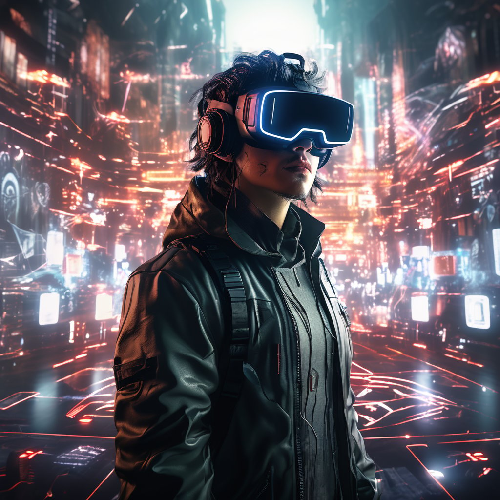 Illustration of a cyberpunk hacker in a virtual reality setting,  surrounded by holographic code,  futuristic UI,  and virtual landscapes,  Surreal Cyberpunk Art Style,  Influenced by Deviantart and Ghost in the Shell anime,  Camera: POV,  Lens: Augmented Reality Lens,  Render Style: Isometric Assets,  4K resolution,  (((Cyberpunk)))