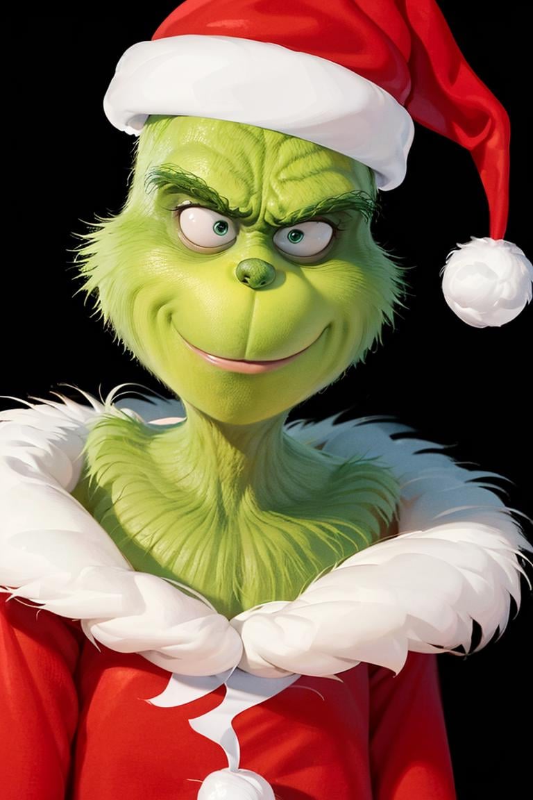 ((masterpiece,best quality)), absurdres,<lora:Grinch_v2:0.8>, Grinch, Grinch_Classic, simple background, 1boy, hat, upper body, male focus, black background, christmas, santa hat, santa costume