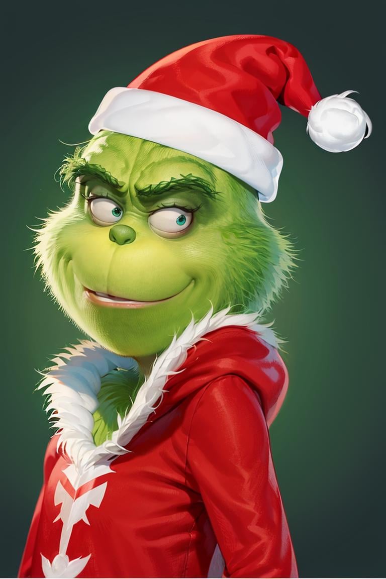 ((masterpiece,best quality)), absurdres,<lora:Grinch_v2:0.8>, Grinch, Grinch_Classic, simple background, 1boy, hat, upper body, male focus, black background, christmas, santa hat, santa costume