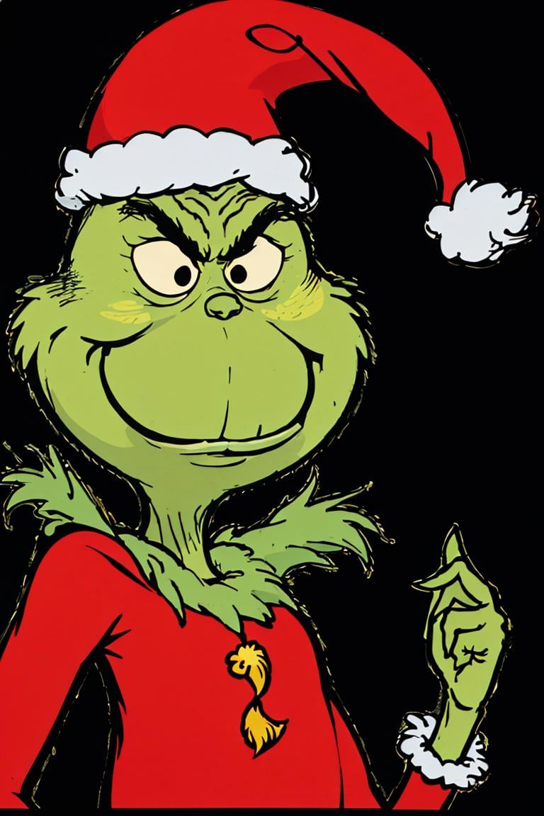 <lora:Style_of_the_Winds:0.8>,((masterpiece,best quality)), absurdres, <lora:Grinch_v2:0.8>, Grinch, simple background, 1boy, hat, upper body, male focus, black background, christmas, santa hat, santa costume, cowboy shot, 