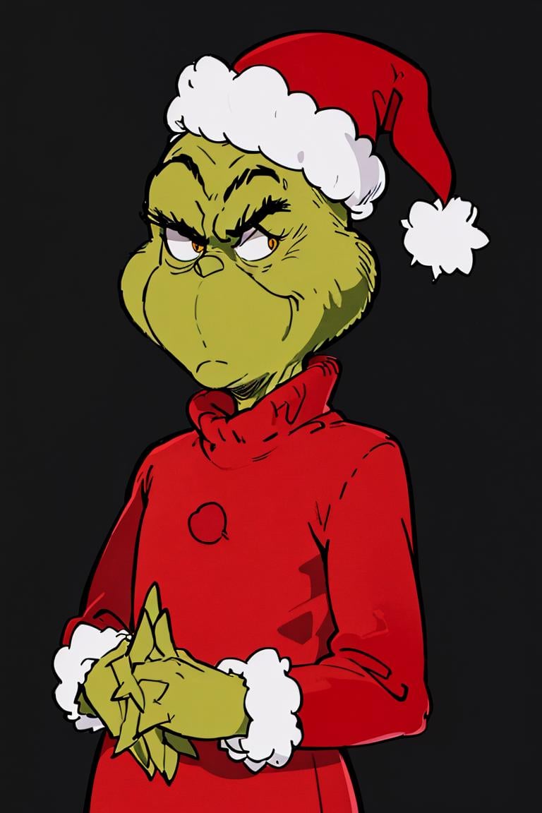 <lora:Zankuro_AnyLora_Dim32:0.8>,((masterpiece,best quality)), absurdres, <lora:Grinch_v2:0.8>, Grinch, simple background, 1boy, hat, upper body, male focus, black background, christmas, santa hat, santa costume