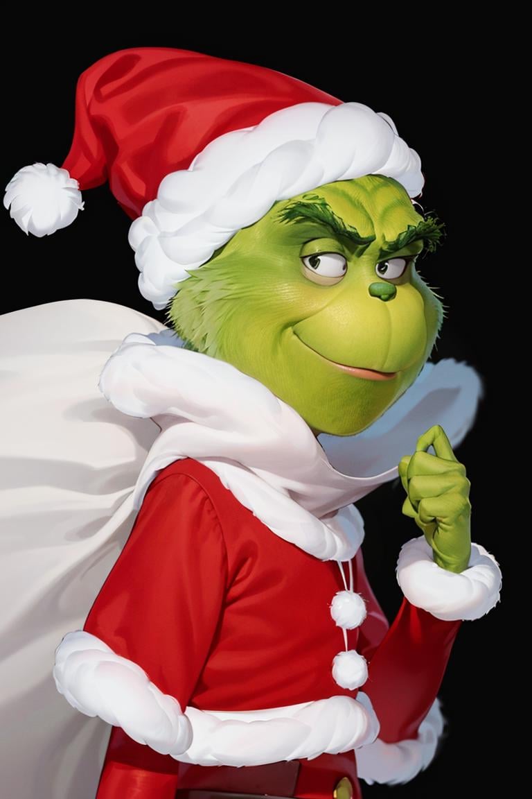 ((masterpiece,best quality)), absurdres,<lora:Grinch_v2:0.8>, Grinch, Grinch_Classic, simple background, 1boy, hat, upper body, male focus, black background, christmas, santa hat, santa costume