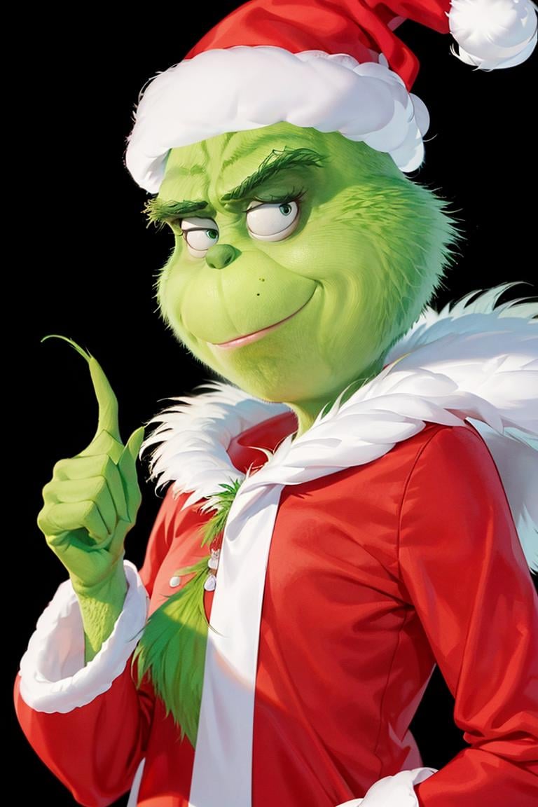 ((masterpiece,best quality)), absurdres,<lora:Grinch_v2:0.8>, Grinch, Grinch_Classic, simple background, 1boy, hat, upper body, male focus, black background, christmas, santa hat, santa costume