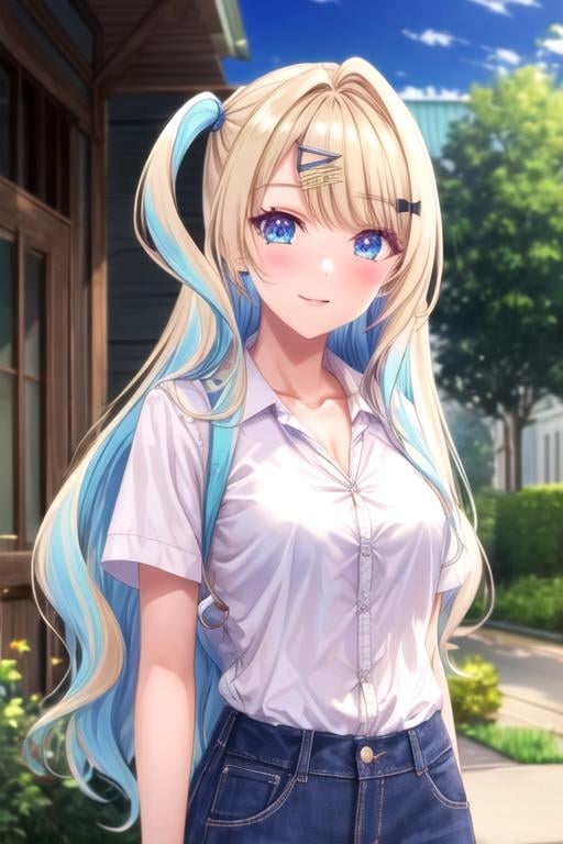 (best quality:1.1), (masterpiece:1.4), game cg, 1girl, solo, looking at viewer, , depth of field, , , <lora:runa_shirakawa:0.94>, runa_shirakawa, blonde hair, blue eyes, long hair, bangs, multicolored hair, blue hair, , , , , white shirt, one side up, , The Valley of the Lost,