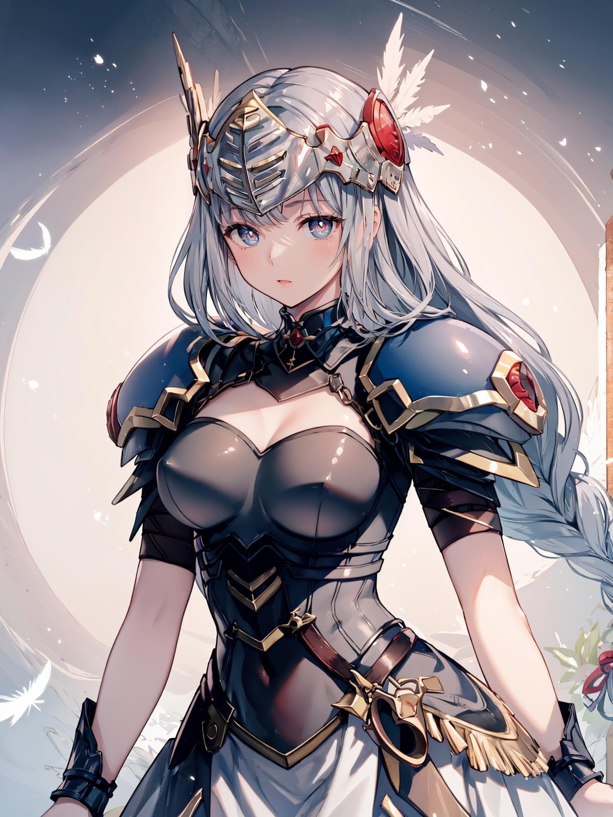 (extremely detailed CG, best quality:1.1), 1girl, perfect face, bright pupils, (finely detailed beautiful eyes:1.1), shiny skin, narrow waist, long hair, blue armor, valkyrie, helmet, armored dress, braid, feather, winged helmet, shoulder armor, <lora:LennethValkyrie:0.8>