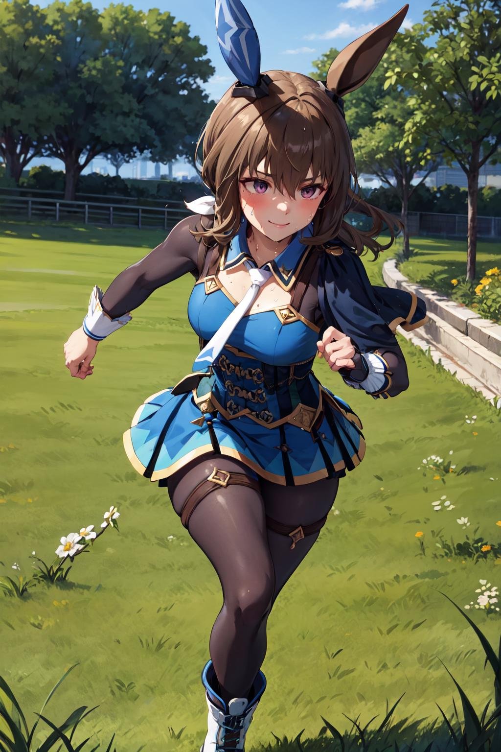 masterpiece,best quality,highres,ultra-detailed,aavega,horse ears,single ear cover,long hair,low ponytail,bangs,white necktie,dress,shirt,long sleeves,fingerless gloves,horse tail,blue skirt,thigh strap,pantyhose,(black pantyhose:1.2),boots,white footwear,mismatched footwear,<lora:admire_vega_(umamusume):0.9>,grass,(track:1.2),(running:1.2),sweat,smile,cowboy shot,