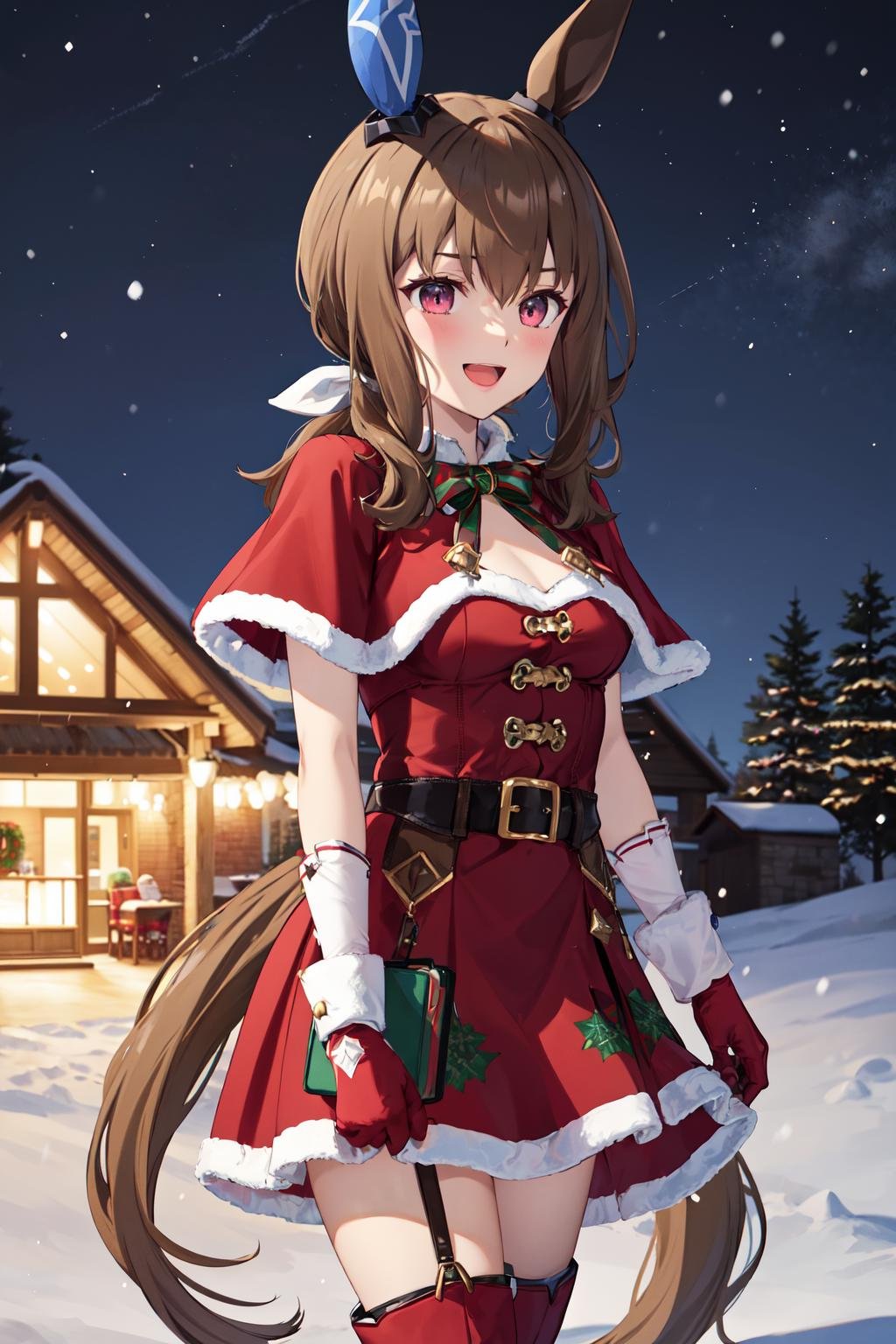 masterpiece,best quality,highres,ultra-detailed,aavega,horse ears,single ear cover,long hair,low ponytail,bangs,<lora:admire_vega_(umamusume):0.9>,christmas,santa costume,capelet,red dress,belt,red gloves,boots,knee boots,red footwear,outdoors,snow,standing,:d,