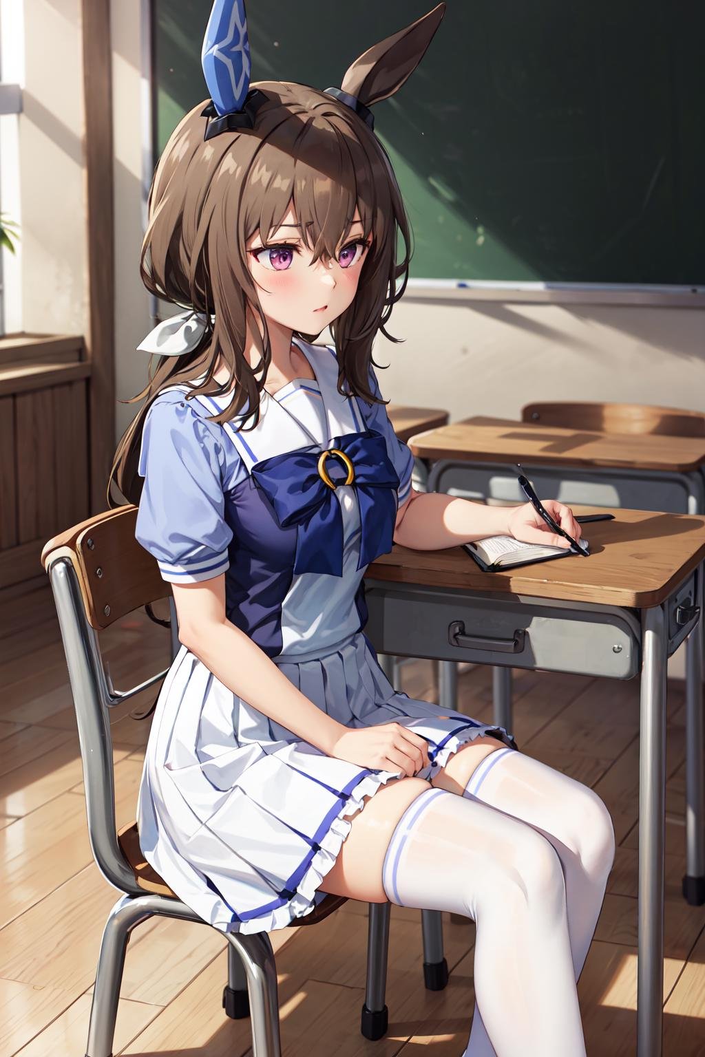 masterpiece,best quality,highres,ultra-detailed,ccvega,horse ears,single ear cover,long hair,low ponytail,hair between eyes,bangs,tracen school uniform,summer uniform,bowtie,horseshoe ornament,sailor shirt,purple shirt,short sleeves,horse tail,puffy sleeves,(white skirt:1.4),frilled skirt,white thighhighs,shoes,brown footwear,<lora:admire_vega_(umamusume):0.9>,indoors,classroom,desk,chair,sitting,(studying:1.2),