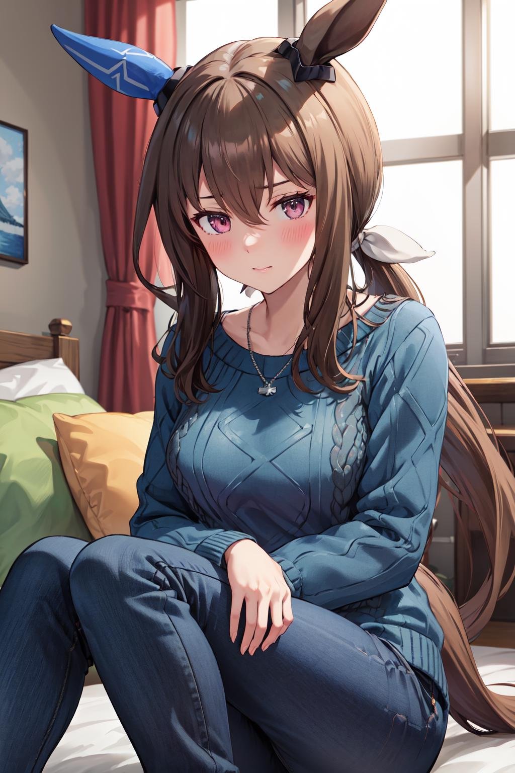 masterpiece,best quality,highres,ultra-detailed,bbvega,horse ears,single ear cover,long hair,low ponytail,bangs,hair between eyes,necklace,blue sweater,cable knit,aran sweater,horse tail,pants,(jeans:1.2),black socks,<lora:admire_vega_(umamusume):0.9>,indoors,bed,sitting,blush,embarrass,