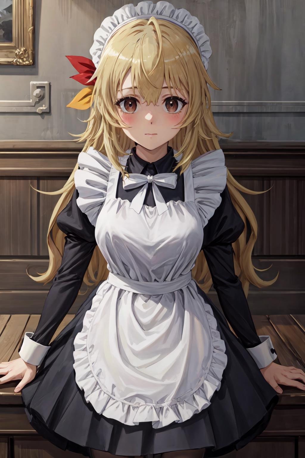 ((best quality, high quality, masterpiece, highres)), yifa, solo, 1girl, blush, maid, hair ribbon, white bow, long sleeves, cowboy shot, looking at viewer,  <lora:yifa:0.8>