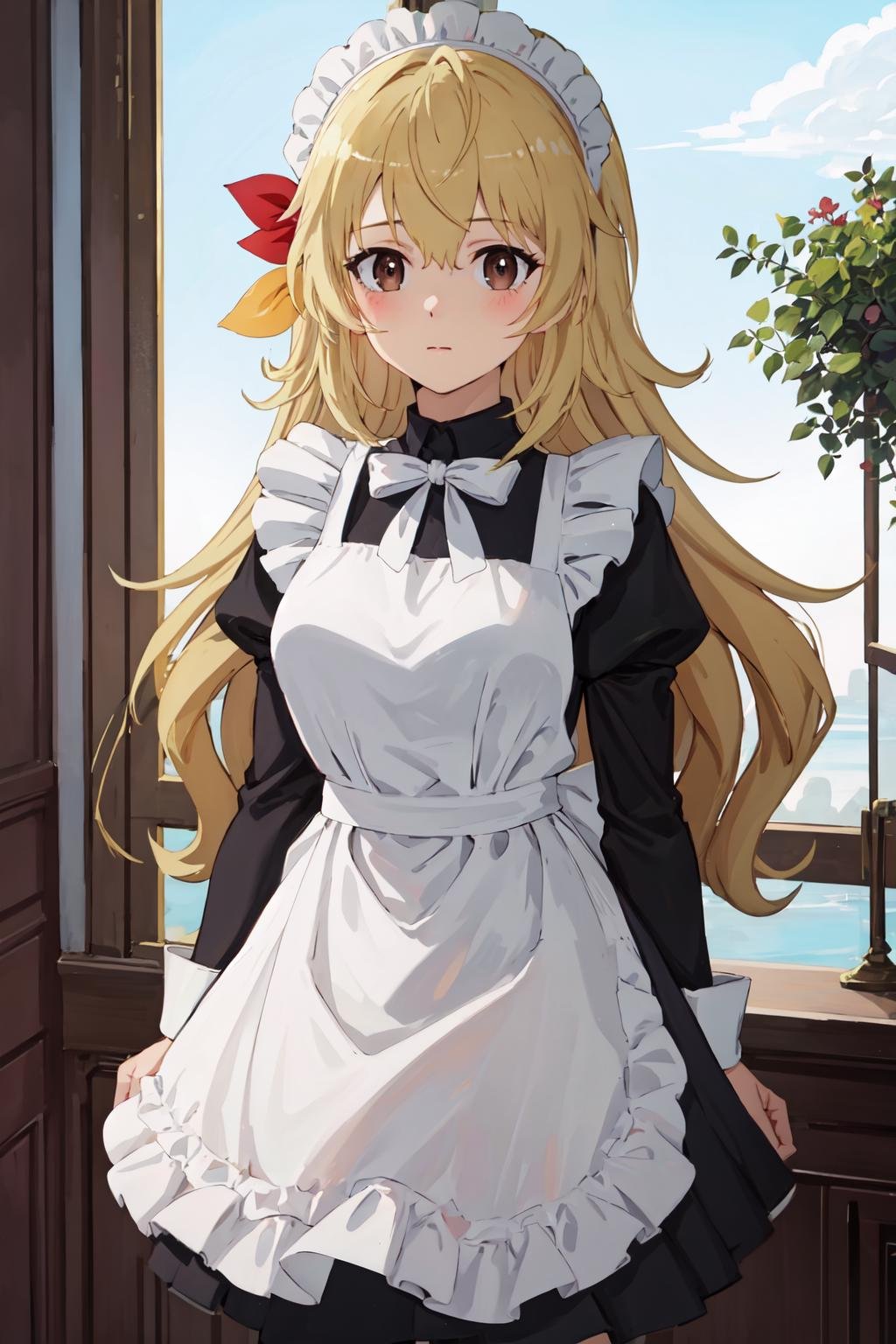 ((best quality, high quality, masterpiece, highres)), yifa, solo, 1girl, blush, maid, hair ribbon, white bow, long sleeves, cowboy shot, looking at viewer,  <lora:yifa:0.8>